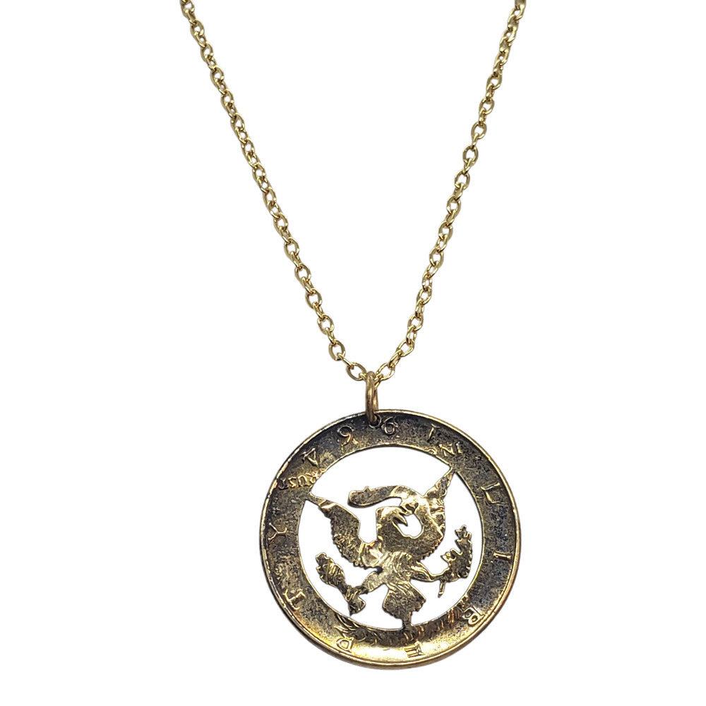 Vintage 1964 Half Dollar Cutout Coin Pendant Necklace Eagle Gold Plate Chain USA